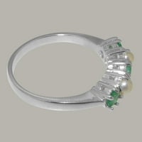 Britanci izrađeni sterling srebrni prirodni smaragdni i kultivirani biserni ženski prsten - veličine