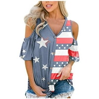 Ljetni vrhovi za žene za žene hladna ramena američka majica za zastavu Vintage Star Striped casual v-izrez