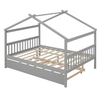 Drvena kuća za djecu, krevet s dvostrukim veličinom, ograde i krov, čvrsti drveni loft potkrovlje platform