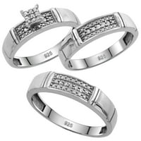 Sterling Silver Diamond TRIO svadbeni prsten set njegova i njegova rodijum finiš, dame veličine 7