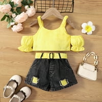 Djevojke za bebe Odjeća Set Outfit Set Proljeće Ljeto Žuta bluza Jedan redak rame Sumpder Bubble Plaid