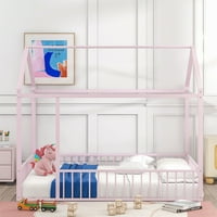 Kućni krevet u punoj veličini, metalni montessori Podni okvir sa sigurnosnim ogradom i krovom, multifunkcionalno igralište za djecu dječake djevojke, štedi prostor, ružičasta