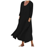 BDFZL haljine za ženske trendove dugih rukava Boja pamučna posteljina okrugla vrat džepna haljina crna