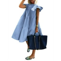 Ljetne haljine za žene s kratkim rukavima Solidna modna mini a-line plaža okrugla izrezna haljina plava