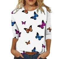 MlQIDK majice za žene za žene modni leptir print srednjih duljina rukav bluza okrugli vrat casual vrhovi, plavi s