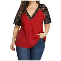 Ženski vrhovi plus veličina za žene čipke Osnovne majice V-izrez kratki rukav labav ugradbeni tunike crvene boje