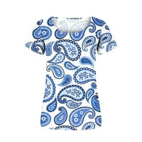 Žene Ljeto vrhovi labavi fit casual s kratkih rukava Boho cvjetni ispisani o vratnim plamenim majicama Trendy Flowy Tunic bluza za gajice plave s