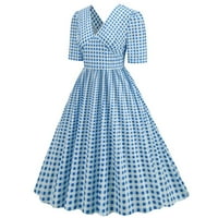 Ženska modna kratka rukava tanka tanka vintage Provjerite ispis V-izrez Maxi haljina, tamno plava, XL,