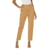Ženske pamučne posteljine Capri manžetne hlače opuštene visoke elastične strugove pantalone Fit casual svakodnevno modno čvrsto dugme Khaki M