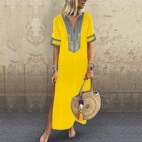 Ženske haljine kratki rukav A-line maxi casual tiskana s V-izrezom ljetna haljina žuta s