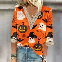 Neodoljiva ponuda Halloween Party Bluuses Ženska majica Bluza Casual Labavi majice Rukovni čipke Obrežite Halloween Print V Vrhovi za izrez Težice T-majice Narančasta