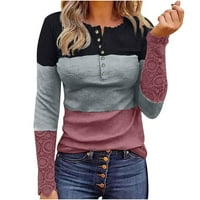 Ženska casual čipka s dugim rukavima Crewneck bluza za bluzu u boji Block Slim Fit Gumb Up Up pulover vrhove lagane modne udobne majice tunika