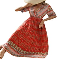 Amiliee Women s kratkim rukavima cvjetni print v vrat retro boemijska ljeta Line Maxi haljina