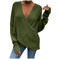 ECQKAME ženske duboke v džemper za vrat Dukseri u boji s dugim rukavima Klintni džemper od pulover vrhova zelenog l na klirensu