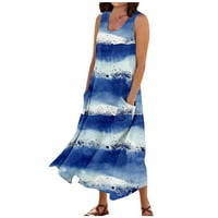 Ženske haljine bez rukava otisnuta modna gležnjana dužina sunčanja za sunčanje okrugla izrez ljetna haljina plavi xl