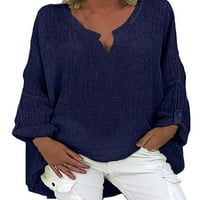 Ženska posteljina puna boja labava Fit V-izrez Dugi rollirani rukav, casual top bluza