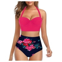 WHLBF WHLBF kupaći kopći kupaći kostimi cvjetni print visoki ubori struka + kratke hlače Dva HalterBechwear