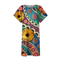 Yubatuo Womens Ljeto Ležerne prilike Boho tiskane labave majice Dress kratki rukav O-izrez Mini haljine za žene Žuta 2xL