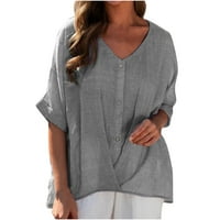 Ženske pamučne labave majice Trendy polu rukavac V pulover za izrez Leasure Pleased Masivne majice Odjeća proljeće jesen sivi xxxxxl