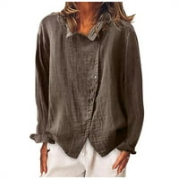 Ženski ležerni vrhovi, plus veličina ljetna majica, modna bluza gumba pune boje i lanene gumb, bluze s dugim rukavima i majice za gumbu za žene Brown M