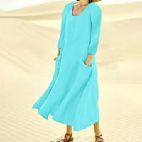 Ljetne haljine za žene V-izrez Dužina gležnja, slatka A-linijska haljina na plaži s dugim rukavima zelena XXL