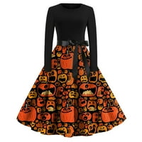 Cuhas Goth Halloween Crne haljine za žene Gotic Goth Print Flare za zabavu s dugim rukavima Casual Christmas Orange 2x