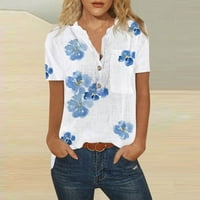 Moonker Womens Tops Košulje za žene Ljetni trendi tiskani gumb Izrez Bluze za majicu TOP kratki rukav l bijeli