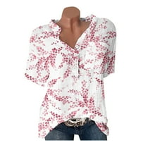 USMIXI slatki vrhovi za žene kratki rukav V-izrez lišće tiskane majice Ljeto dugme dolje rever comfy pamučna posteljina sa džepom ružičaste odjeće