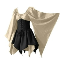 Naughtyhood ženske haljine Žene kostimi Gothic Retro dugih rukava kože dugih rukava okrugla vrata-vrat-haljina visoka haljina bež l