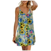 Žene Letnje cvjetne haljine za printu casual gumb vrata bez rukava bez rukava Mini V-a dole špageta haljina
