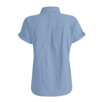 Bluze za žene Fit Fit Solid Color Cotton i posteljina majica kratkih rukava, majica dugmeta Dugme Duge Dame Top Light Blue 2XL