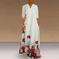 Ljetne haljine za žene žene V-izrez pola rukava cvjeta print ruševa u stilu kaftane labave duge haljine s