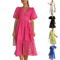 RuibeAuty Women Mosp Mosp V izrez Leanter rukav plaid visok struk Linija Elegantna maxi haljina