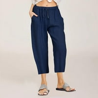 Zpanxa Capris za žene Ležerne prilike ljetne pamučne posteljine široke pantalone za noge visoke stružne hlače sa džepovima Navy XL