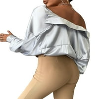 Ženske bluze Elegantna ravnica ovratnik dugih rukava s dugim rukavima prednji srebrni l