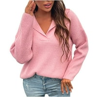 Dukseri za žene Trendi Y2K casual soild dugih rukava pleteni pulover V-izrez džemper kaput ružičasti