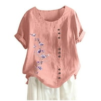 Gotyoou ženska vintage lana majica, cvjetni print pulover posade, majica s kratkim rukavima, majica ružičasta L