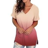 Ženske vrhove kratkih rukava puna boja bluza u boji labavi fit ženska majica V-izrez ljetna ružičasta 3xl