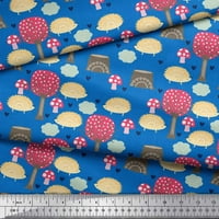 SOIMOI Blue Poliester Crepe tkanina porcupin i drveni gljive dekor od tiskanog dvorišta široko