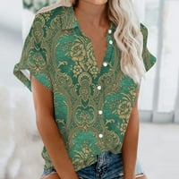 APEPAL Womens Ljetni bluza Ležeran V izrez Print kratkih rukava s majicama vrhovi zelene s