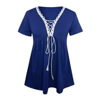 Majice za žene Grafički trendy casual majica Solid V izrez čipkaste patchwork kratkih rukava pulover bluza plavi l