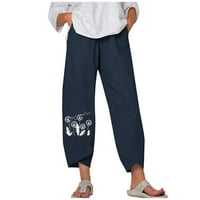 Airpow Clearence Ženska modna struka ravna cijev Petal pantalona za ispis pamučne konoplje svestine casual hlače mornarice xxl