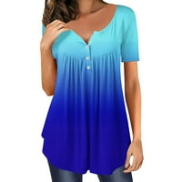 Ženske modne majice Gradijent boje tiska na vrhu kratkih rukava Tees Pleat Flowy Tunic Bluuse Trčevi za kontrolu trma za djevojke Dugme V-izrez Majica Blue XL