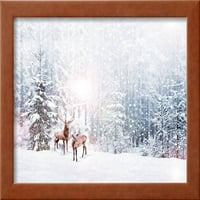 Šuma u mrazu. Zimski pejzaž. Snow prekrivena drvećem. Jelena, životinje scenska uramljena umjetnost tiskana zidna umjetnost shova elena koja prodaje art.com