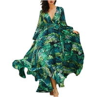 Sandresses za žene Ležerne ljeto - Ženske ljetne maxi duge haljine palmi list print v izrez dugih rukava