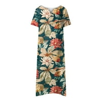Stamzod Boho haljina za žene Ljeto Ležerne tipke s V-izrezom kratki rukav sa džepom tiskane ljuljačke haljine Khaki XL