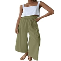 Aturuste ženske pamučne posteljine široke pantalone za noge elastične visoke struk casual labave ruširane plaže sa džepovima