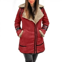 Žene plus veličina zimski kaput rever ovratnik dugih rukava kožna jakna vintage zgušnjana kaput jakna crvena m