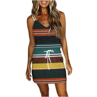Ženska V izrez Stripe Rainbow mini haljina špageta remenske ljetne haljine bez rukava sa džepom F M