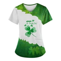 Day Gotyou St Patrickov tisak ženskih kratkih rukava V-izrez V-izrez Radni džep bluza tamnozelene zelene